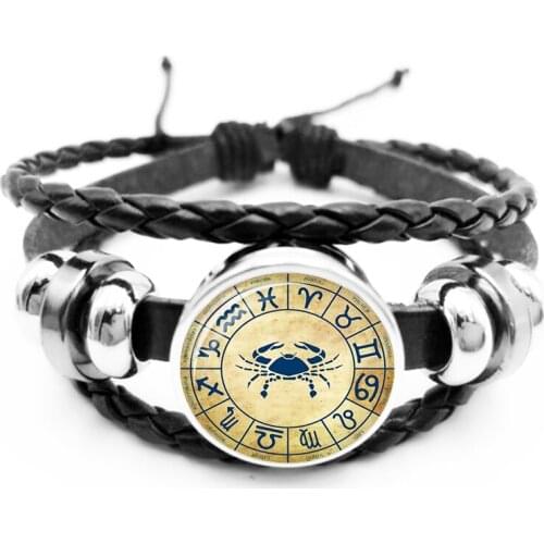 2020 Ancient Egypt 12 Constellation Bracelet Glass Cabochon Black Leather Woven Snap Bracelet Men and Women Jewelry Gift