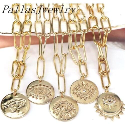5Pcs Lucky Eye Gold Necklace, CZ Pave Round Coin Pendant Necklace, Gold Plated Eye Pendant, Fashion Jewelry Style