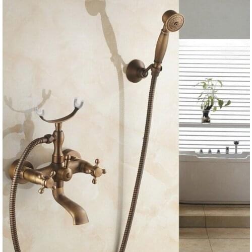 Antique Brass Dual Cross Handles Wall Mounted Clawfoot Tub Filler Mixer Faucet Bathrom Shower Tap with Bracket Holder atf155