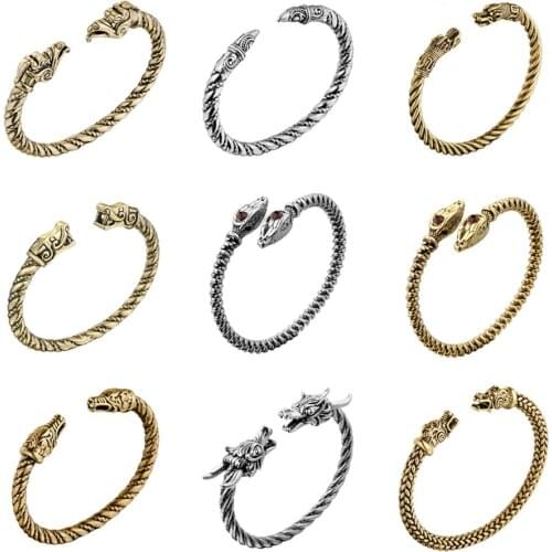 QIAMNI Punk Double Dragon Head Bangle Women Men Wristband Cuff Bracelets Nordic Viking Pagan Jewelry Party Christmas Gift Charm