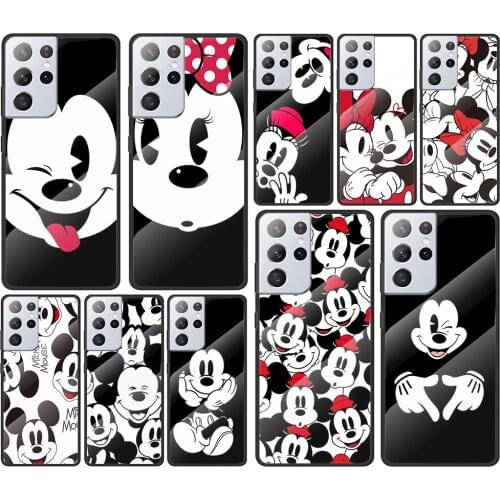 Disney Mickey Minnie Black for Samsung Galaxy S21 Ultra Plus A72 A52 4G 5G M51 M31 M21 Luxury Tempered Glass Phone Case Cover