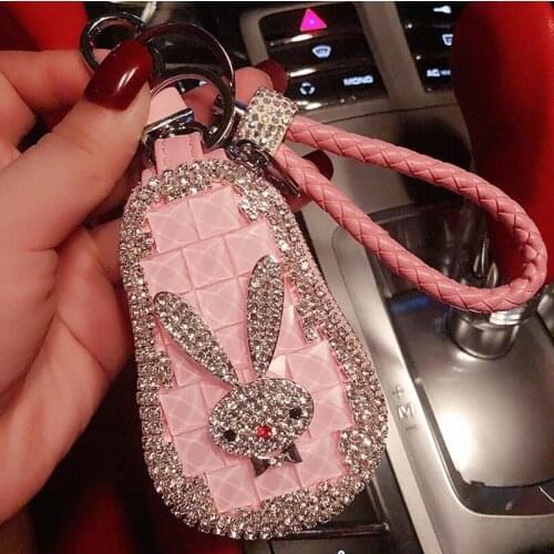 PU Leather Zipper Home Car Key Holder Handmade Diamond Rabbit Key Bag Case Wallet Key Chain Women Home Car Organizer 2021 NEW