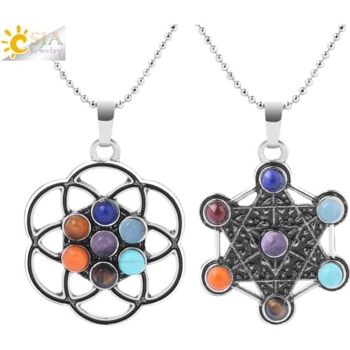 CSJA Merkaba Antique Silver Color Pendant Necklace Spiritual Reiki Religion Symbol 7 Chakra Life Tree Circle Charm Pendants F767