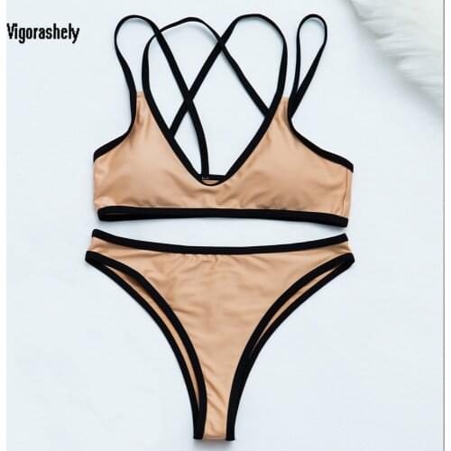 Vigoshely Khaki Cross Back Swimwear Women Sexy High Cut Bikini 2021 Solid Swimsuit Female Brazilian Bikini Set Bathing Suit Swim