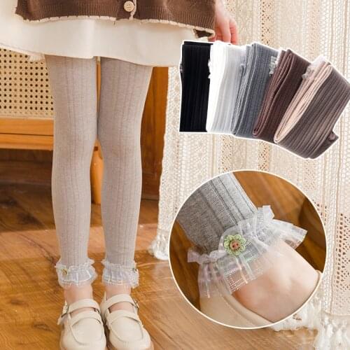 Spring and summer pure cotton thin section childrens leggings girls cute lace sun flower cropped trousers baby soft socks