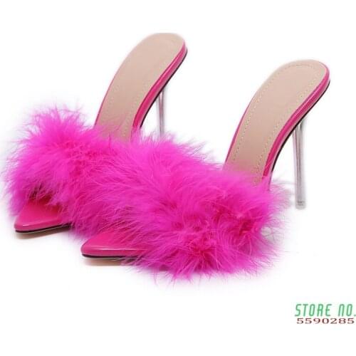 Summer new sexy feather woman slippers transparent perspex high heels fur stiletto peep toe mules lady slides shoes rose