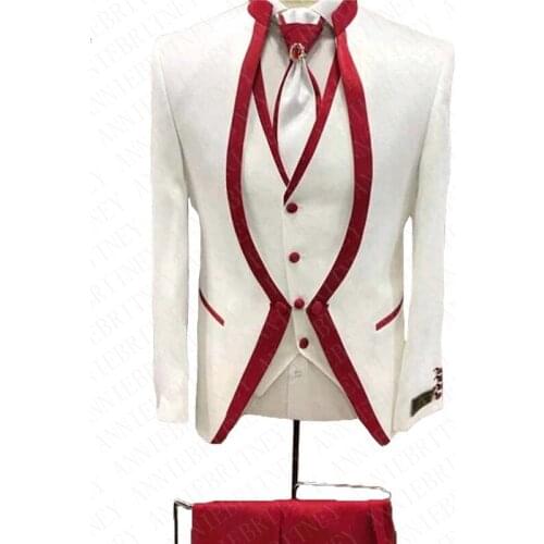 2020 White Floral Red Rim Stage Clothing For Men Suit 3 Pieces Mens Wedding Suits Costume Groom Tuxedo Formal