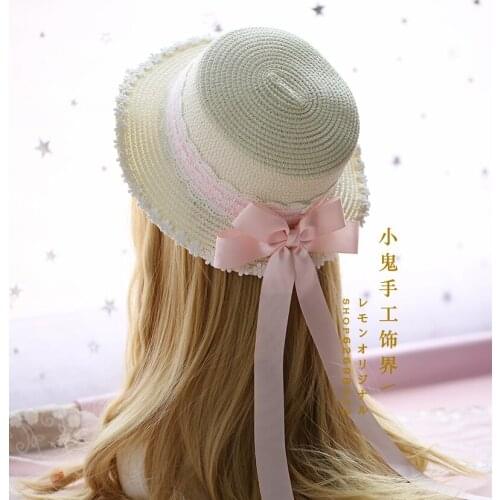 Lolita hand made Mori pastoral soft sister lolita dress daily basic lace bow straw hat
