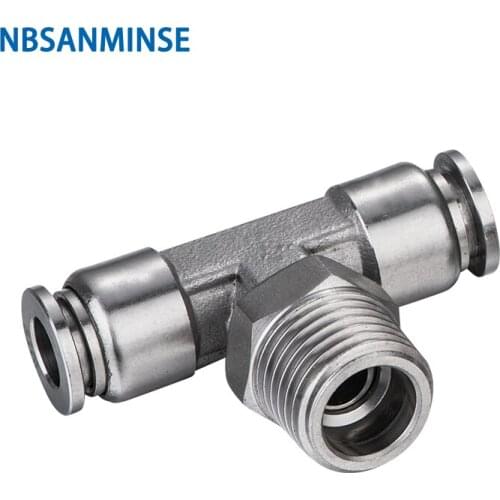 NBSANMINSE 5Pcs/lot SSPT M5 1/8 1/4 3/8 1/2 SS316L Stainless Steel Push In Pneumatic Food Grade Fitting Male Branch Tee Fitting