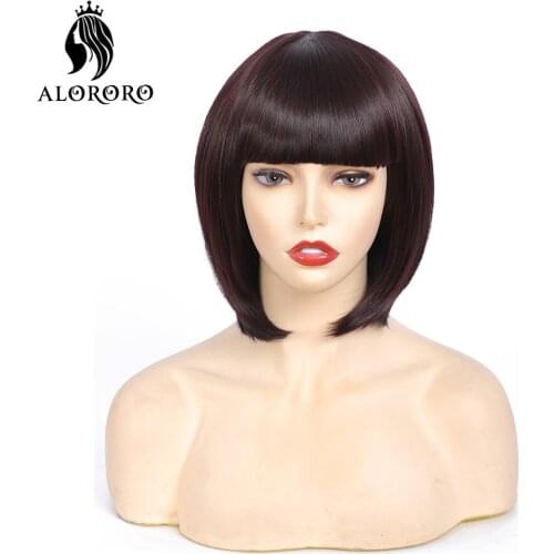 Alororo Bob Wig Short Synthetic Wig with Bangs 10 Inches Fashion Black Red High Temperature Wire Wigs for Women