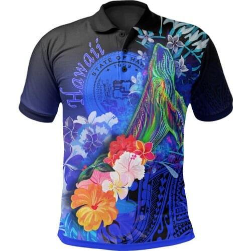Polynesian Hawaii Polo Shirts Humpback Whale with Tropical Flowers 3D Printed Polo Shirt Men Women Short Sleeve Summer T-shirt