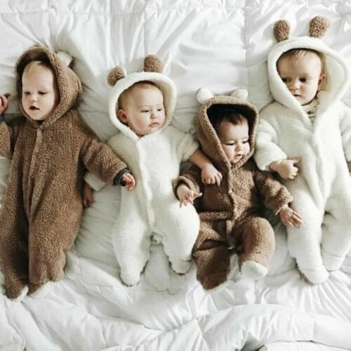 Newborn Baby Girl Boy Fuzzy Clothes Furry Winter Warm Hooded Romper Jumpsuit Outfit 0-24M