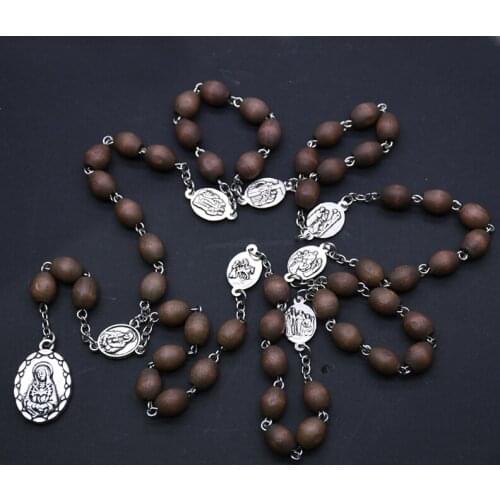 Religious Virgin Mary Our Lady of Guadalupe Pendants Necklaces Wooden Beads Chains Rosary Necklace Church Prayer Jewelry