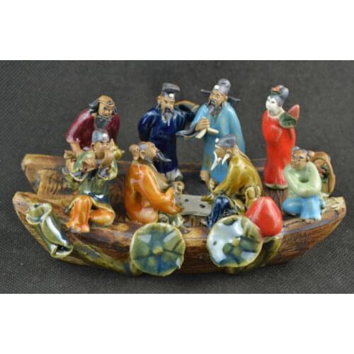 Old Collectible Deco Handwork Porcelain Carving 8 God By Ship Cross Sea Statue