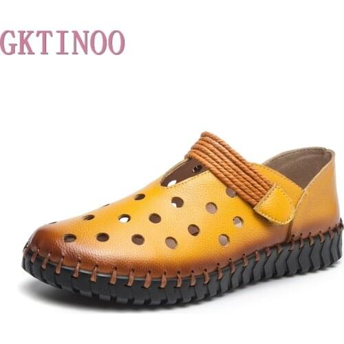 GKTINOO Fashion Womens Handmade Shoes Genuine Leather Flat Hollow Shoes Woman Loafers Soft Comfortable Casual Shoes Women Flats