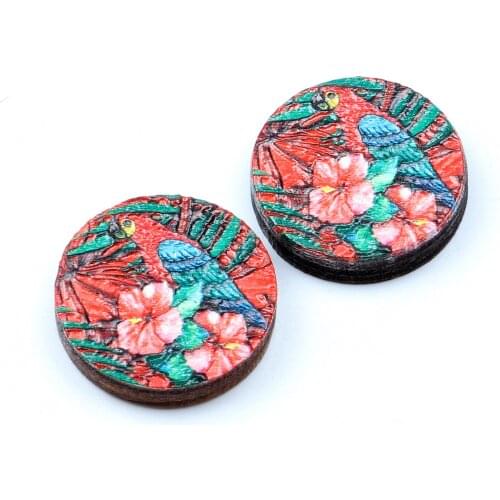 Unique 3D Bird Embossed 16mm Round Coloured Drawing pattern Laser Cut wood Cabochon DIY for Rings, Earring,Brooch,Necklace