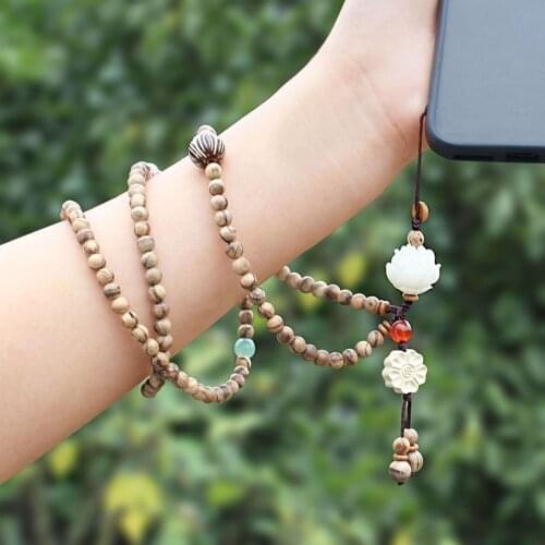 Retro Ethnic Mobile Phone Lanyard Chain Wooden Beads Short Wrist Rope Anti Loss Anti-slip Detachable Neck Strap Hanging Rope