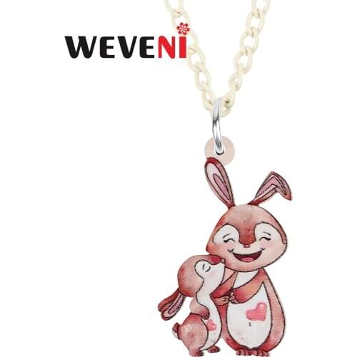 WEVENI Mothers Day Acrylic Cute Cartoon Rabbit Bunny Necklace Pendant Fashion Chain Unique Jewelry For Women Girl Charms Gifts
