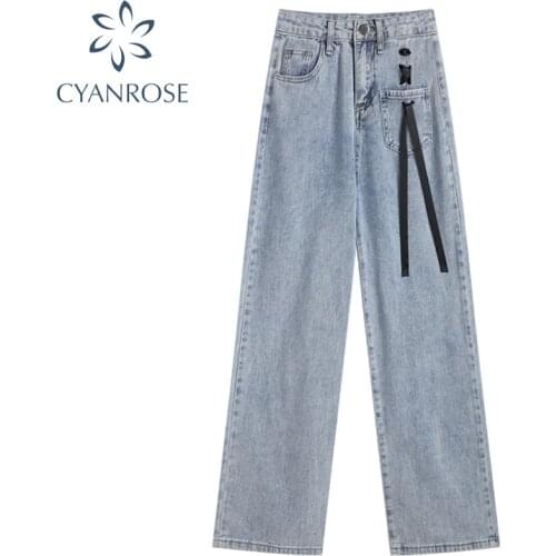 High Waist Jeans Womans 2021 Summer Streetwear Korean New Chic Lace-Up Bow Loose Casual Straighted Denim Long Trouser Female
