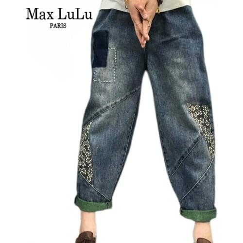 Max LuLu 2021 Chinese Style Spring Womens Printed Patchwork Jeans Ladies Vintage Blue Denim Pants Female Casual Punk Pantalons