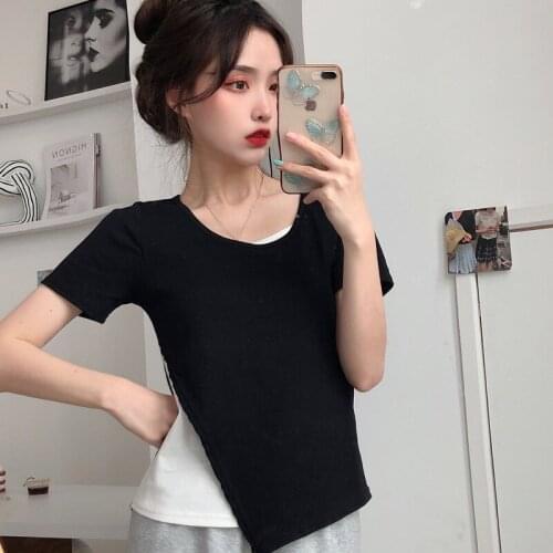 Woman Tshirts Fake Two-piece Split Black Short-sleeved T-shirt Female Summer New Korean Style Slim Slim Short Top