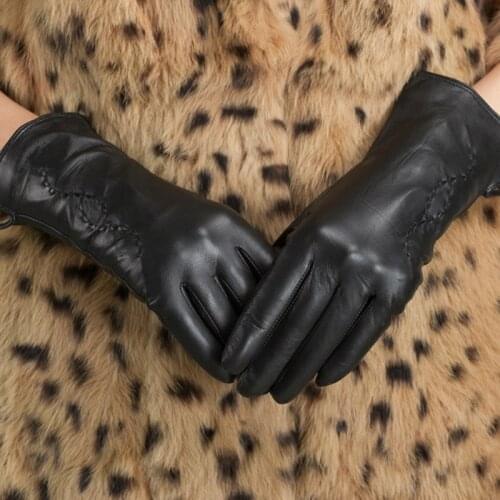 Fashion Autumn Winter Women Gloves Genuine Leather Gloves Wool Knitted Lining Warm Mitten Ladies Party Black Hand Gloves AGD501