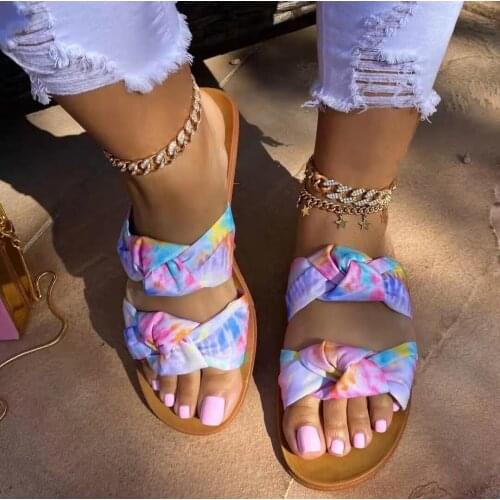2021 summer new style European and American thick-soled bowknot colorful print slippers female flat-bottom beach drag