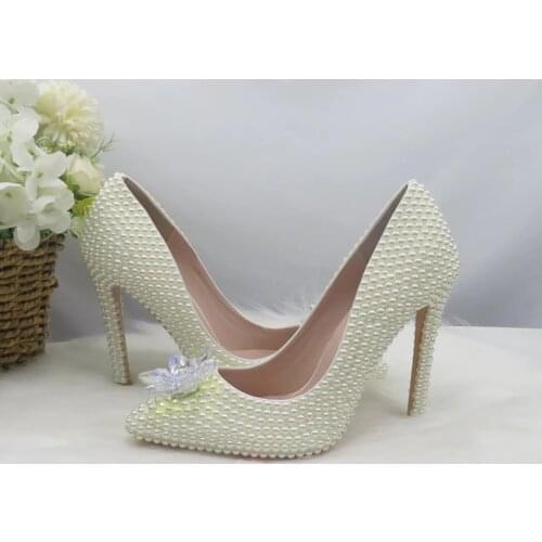 Bridal Lvory Pearl Wedding Shoes Women 2021 New 7cm High Heels Ladies Crystal Flower Party Dress Shoes Female Pointed Toe Pumps