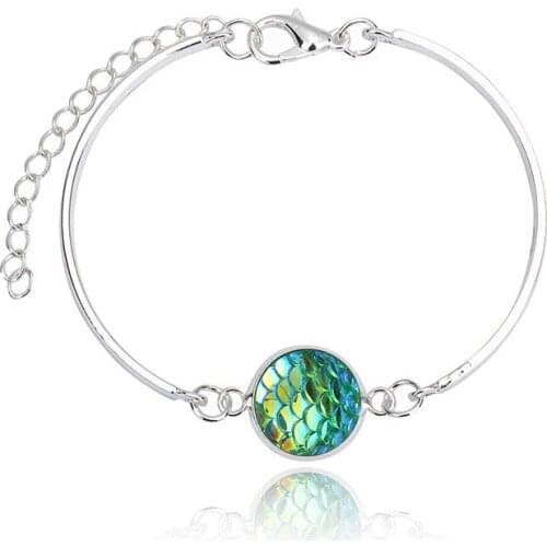 Glass Cabochon Jewelry with Silver Plated Mermaid Fish Scales Glass Cabochon Charm Bracelet Bangles for Women Gift