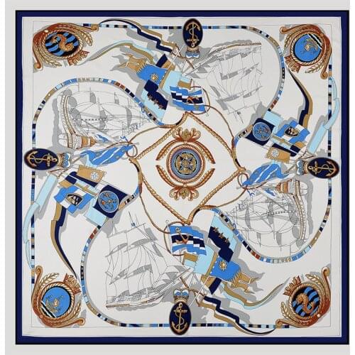POBING 100% Silk Scarf Women Large Shawls SailBoat Print Stoles Square Bandana Luxury NecKerchief Scarf Female Foulards 130CM