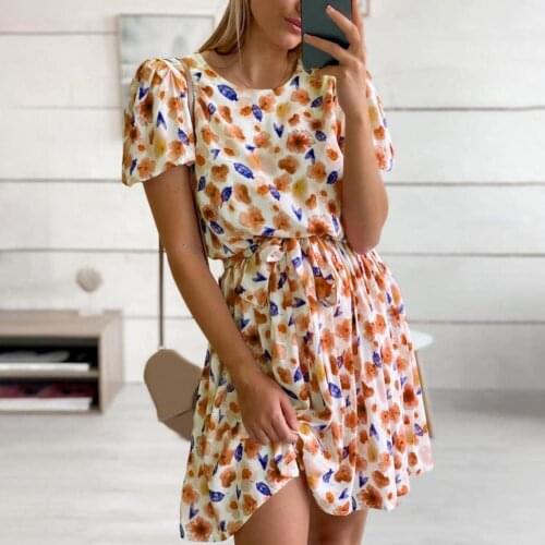 Summer Puff Sleeve Floral Print Dress Women O Neck Bandage Lace Up Beach Mini Dress Ruffle Holiday Lady Vestidos 2021