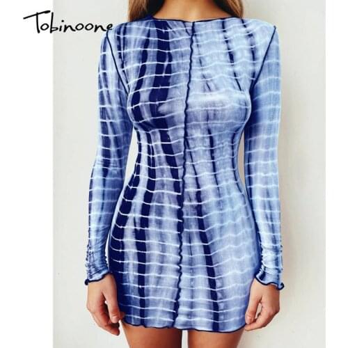 Tobinoone Long Sleeve Tie Dye Ribbed Bodycon Autumn Dress Women Ruffles Printed Ruched Sundress Fashion Slim Party Dresses