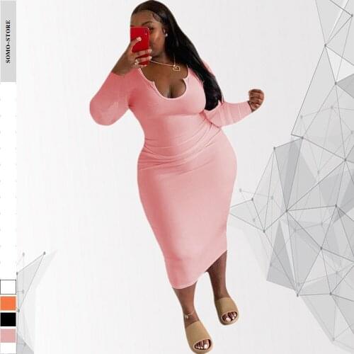 Plus Size Sexy Dress Autumn Solid Color Stretch Sexy U Neck Slim Temperament Women Midi Dresses Fashion Wholesale Dropshipping