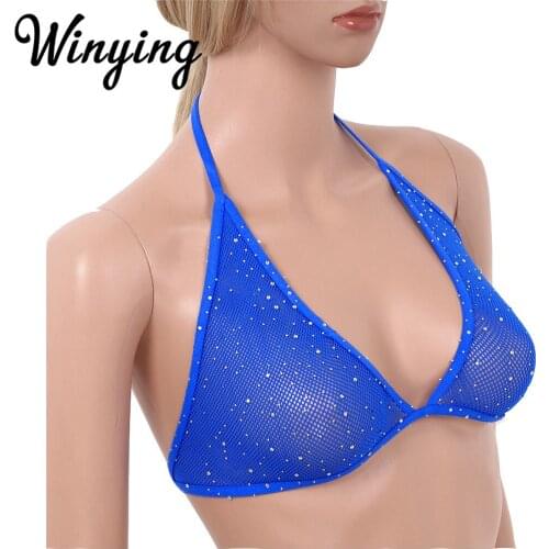 Women Sexy Lingerie Sparkle Rhinestones Halter Fishnet Triangle Bikini Bra Erotic Tops Transparent Sheer Mesh Bralette Crop Top