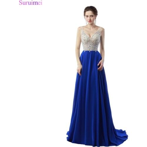 Beaded Evening Dresses with Spaghetti Straps Chiffon Evening Gown Backless Nude See Through Formal Royal Blue Women Dresses