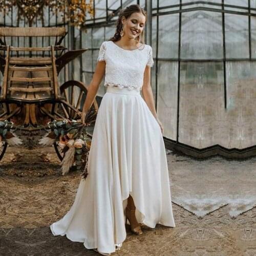 Bohemian Wedding Dress Two Piece Lace Top Short Sleeve Bridal Gown 2021 Jewel Neck Beach Wedding Gown Vestidos De Novia