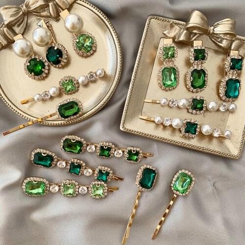 Pearl Barrettes For Women Girls Elegant Crystal Hair Clips Geometric Green Rhinestone Hairpin Fashion Jewelry Gift