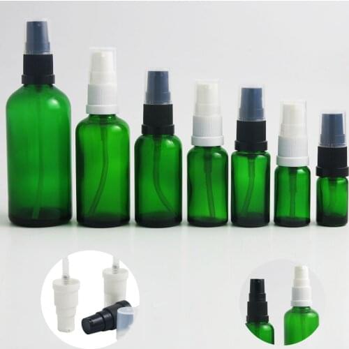 10 x 5ml 10ml 15ml 30ml 50ml 100ml Refillable Portable Green Glass Essential Oil Bottle With Lotion Pump 1oz Cream Container