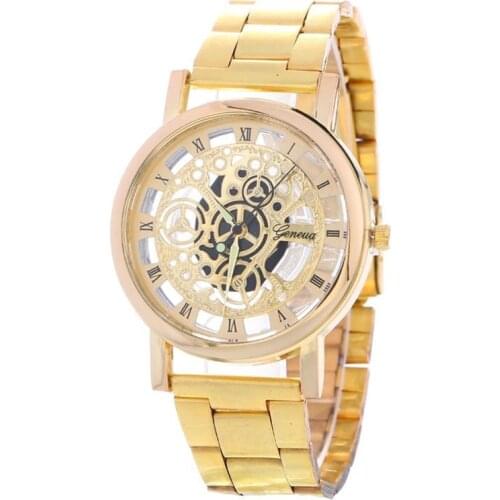 2019 Brand luxury Fashion Casual Men Watch Gold Wristwatch Classic Style Mesh Belt Quartz Watches Engraving Hollow Design Women