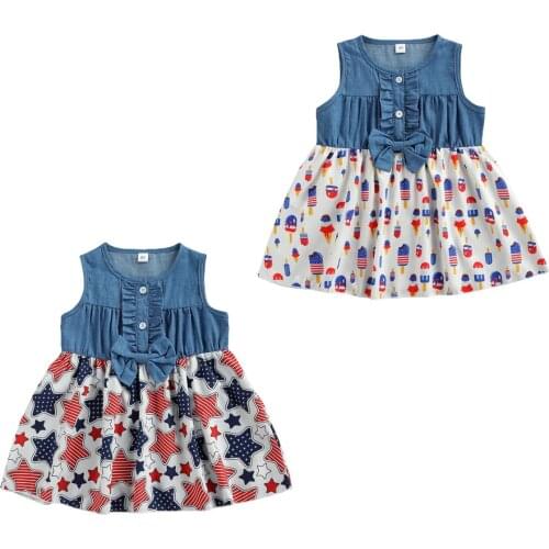 2021 1-6Y Independence Day Kids Baby Girls Dress Sleeveless Denim Top Bow Stars and Striped Print A-line Dress Sundress