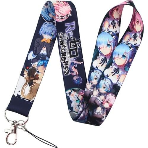 Anime Re:Life In A Different World From Zero Lanyards Keychain Rem Ram Webbing Key Chain Mobile Phone Hanging Rope Student Gift