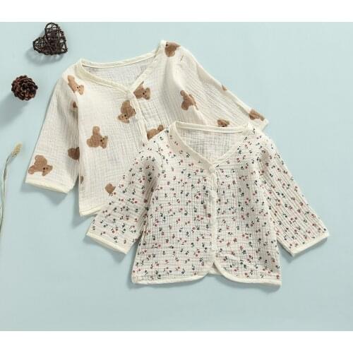 2021 Toddlers Autumn Jacket Bear/Flower Print V-Neck Long Sleeve Button-Open Cardigan for Girls 0-3 Years