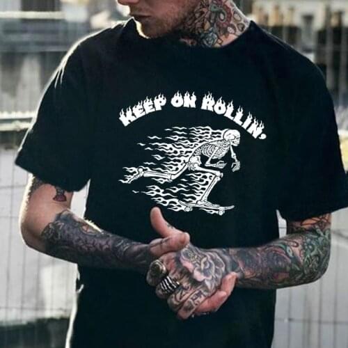 HAHAYULE-JBH Black T Shirt Unisex Keep On Rollin Short Sleeves T-Shirt Street Style Swag Skateboard Tee Gothic Skeleton Shirt