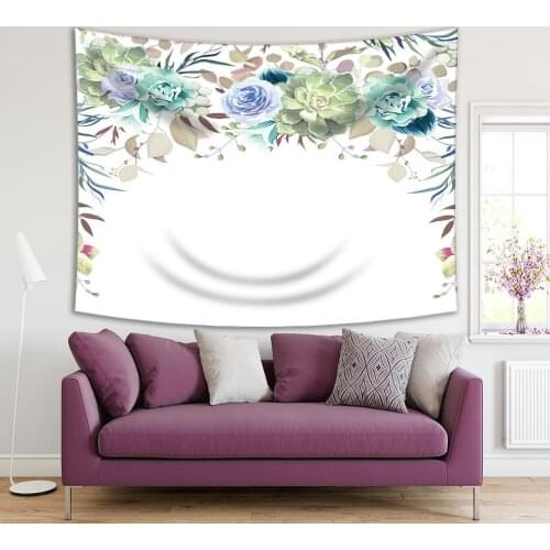 Tapestry Garland Frame Arranged from Roses Flowers Leaves Succulents Berries Floral Artwork Green Blue Beige