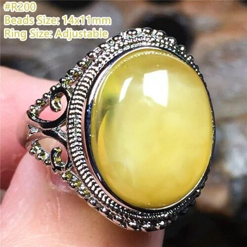 13mm Natural Yellow Amber Ring For Woman Lady Men Gift Crystal Silver Beads Flower Carved Stone Adjustable Ring Jewelry AAAAA