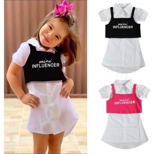 2-7Y Summer Fashion Children Kids Baby Girls Clothes Sets Summer Short Sleeve Button Shirts Dress+Letter Print Vest Tops Outfits