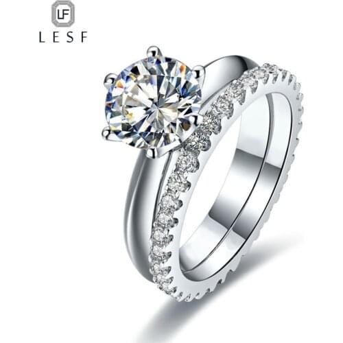 LESF Luxury 925 Sterling Silver Solitaire Engagement Rings Set 2.0 ct Round Cut Shiny SONA Stone Rings For Women Brides Jewelry