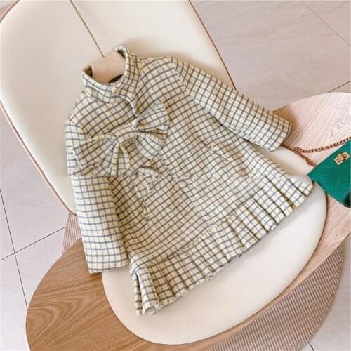 Cute Baby Girl Dress Winter Autumn Plaid Kids Clothes Girls Long Sleeve Dress with Bow for Children Wool Cotton Clothing 2T