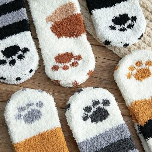 Socks Plush Coral Pile Middle Tube Socks Lovely Cats Paws in Autumn and Winter Thick Warm Sleeping Floor Sleeping Womens Socks
