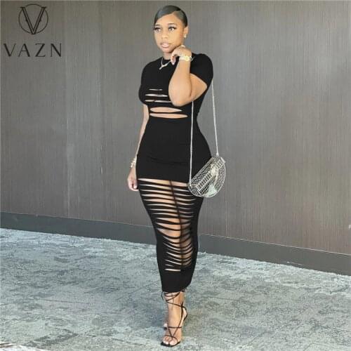 VAZN New 2021 Solid Hollow Out High Neck Beach Mini Sexy Regular Short Sleeve Dress Women Elegant Fashion Dress Slim Dress